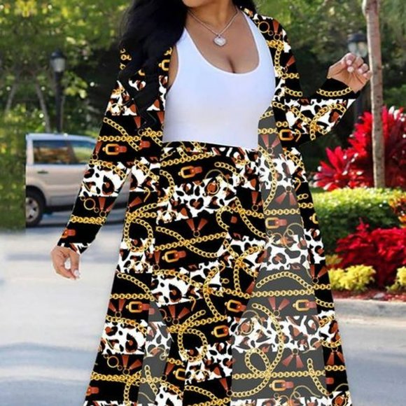 2pc Gold /Black Chain Link Long Sleeve Open Front Cardigan High Waist Pants - Picture 4 of 13